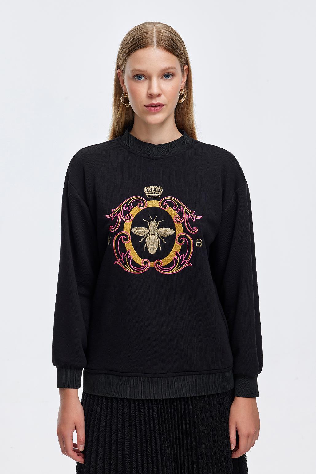Gold Nakışlı Hoodie Sweatshırt Siyah