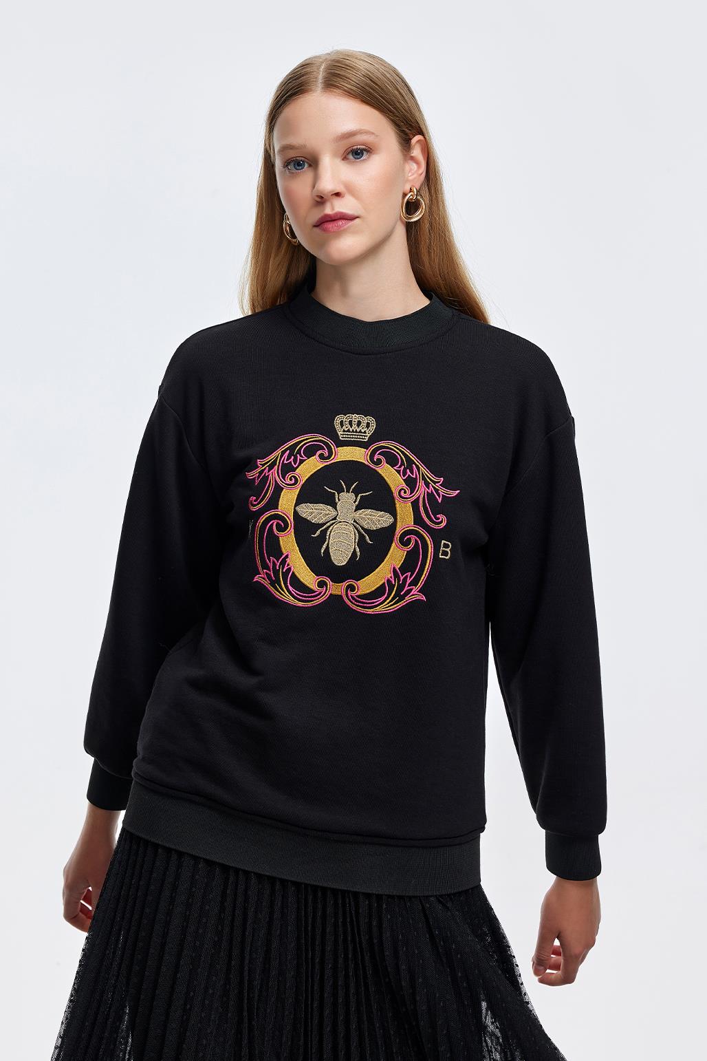 Gold Nakışlı Hoodie Sweatshirt Siyah