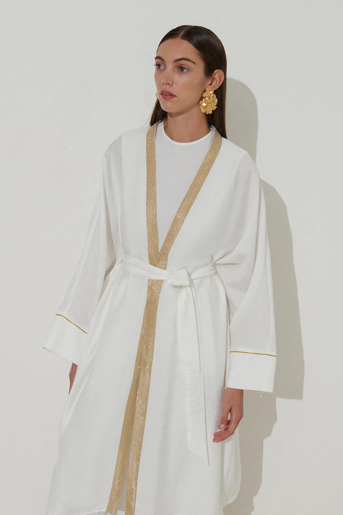 Gold Simli Ribanalı Abaya Ekru