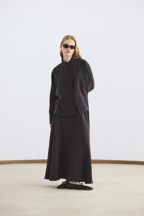 Hakim Yaka Tensel Gömlek Etek Takım Acı Kahve