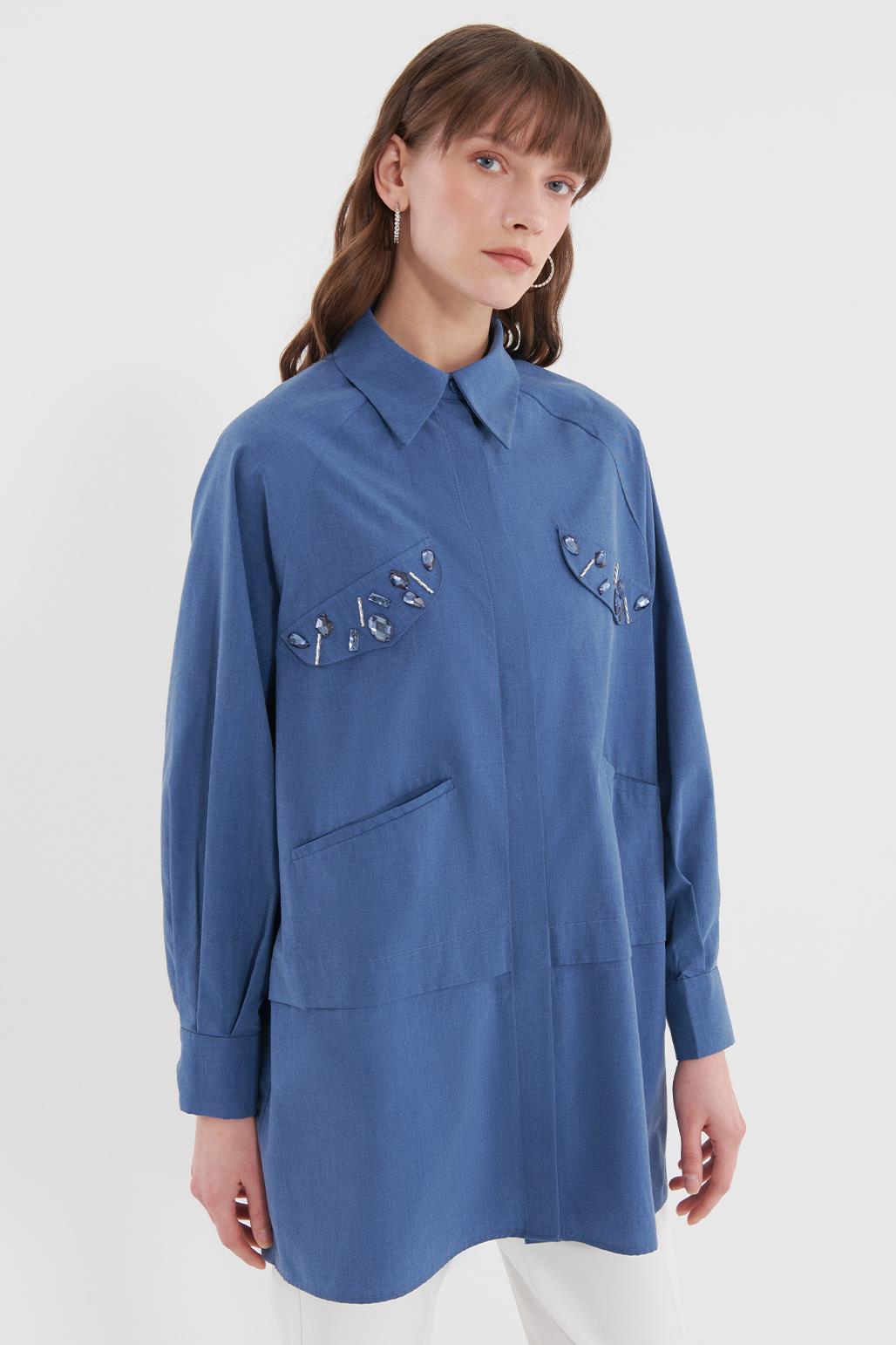 İşlemeli Cotton Gömlek Kot Mavi