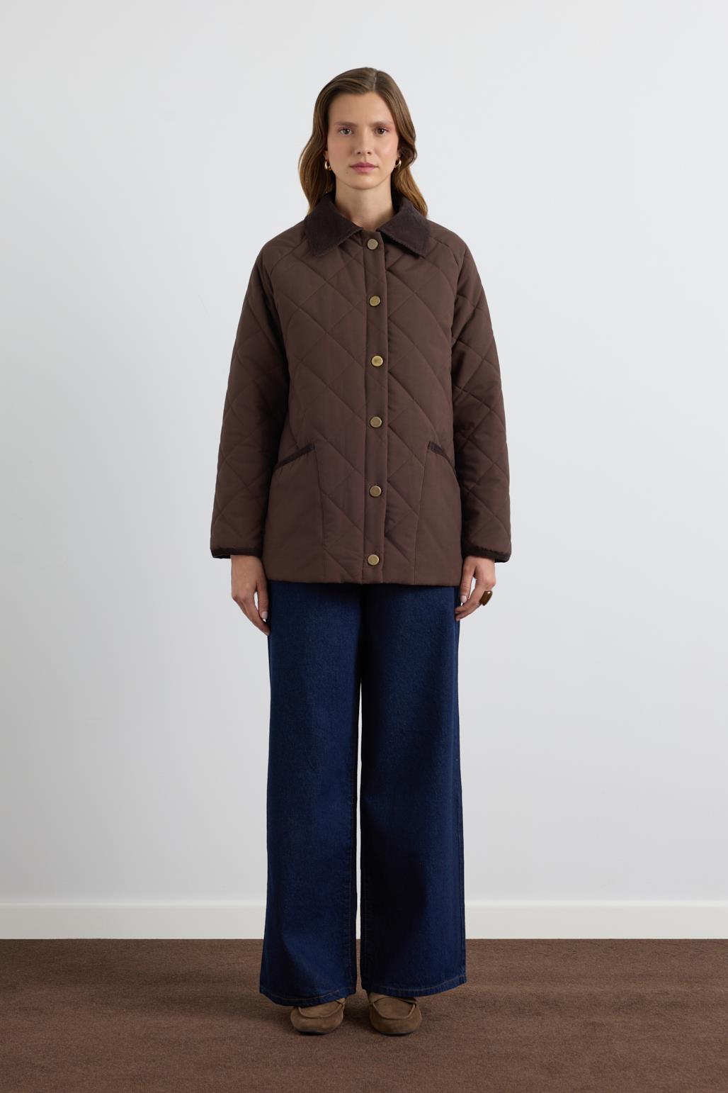 Kadife Yakalı Kapitone Ceket Mont Kahve