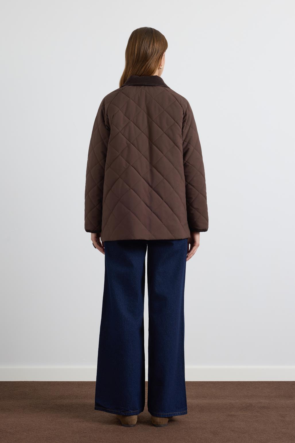 Kadife Yakalı Kapitone Ceket Mont Kahve