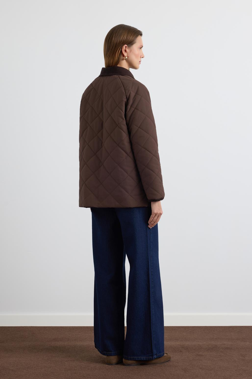 Kadife Yakalı Kapitone Ceket Mont Kahve