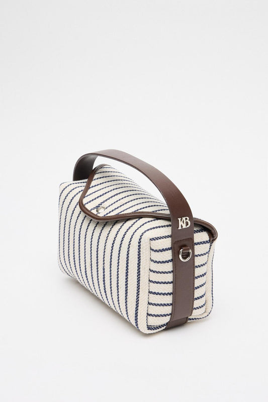 Kanvas Deri Detaylı Kapaklı Çanta Çizgili