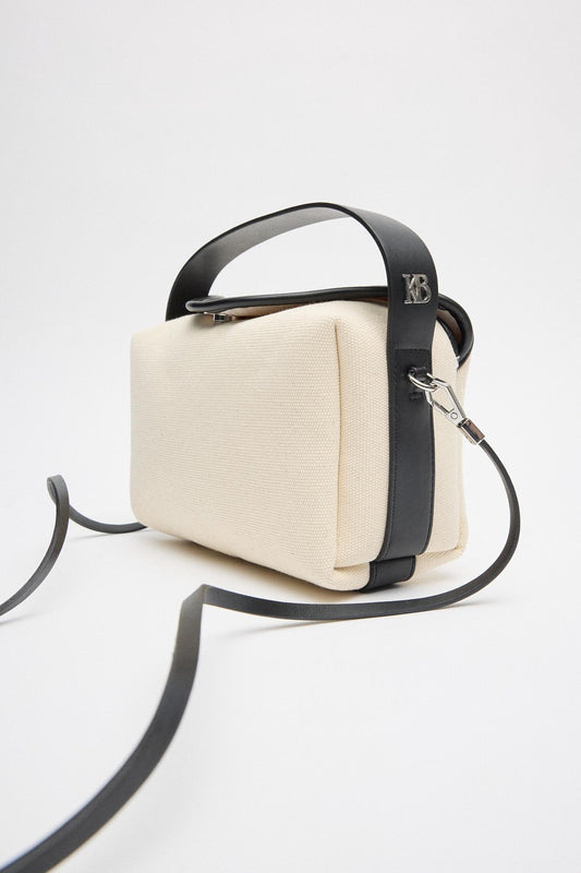 Kanvas Deri Detaylı Kapaklı Çanta Ekru