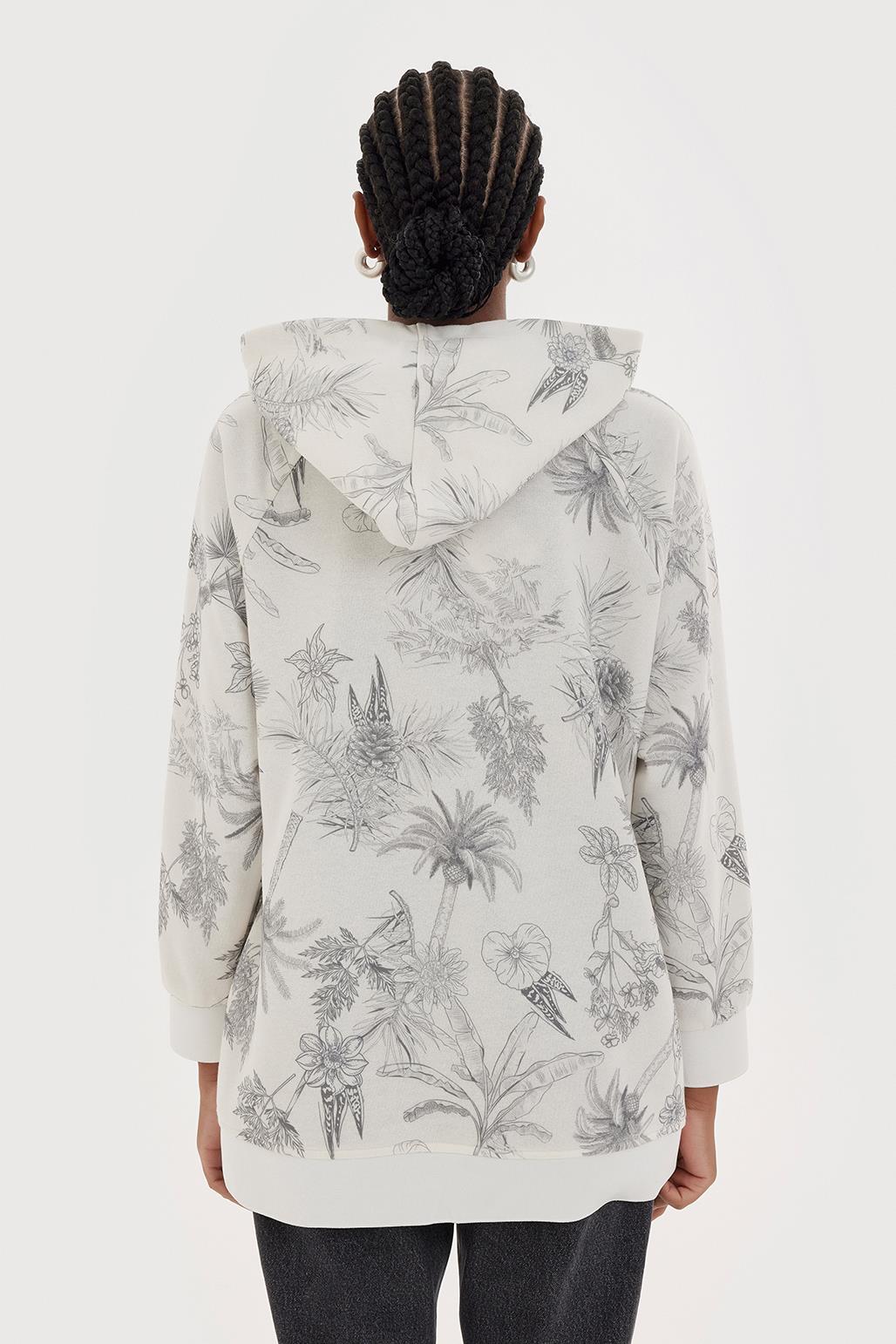 Kapüşonlu Desenli Hoodie Sweatshırt Gri