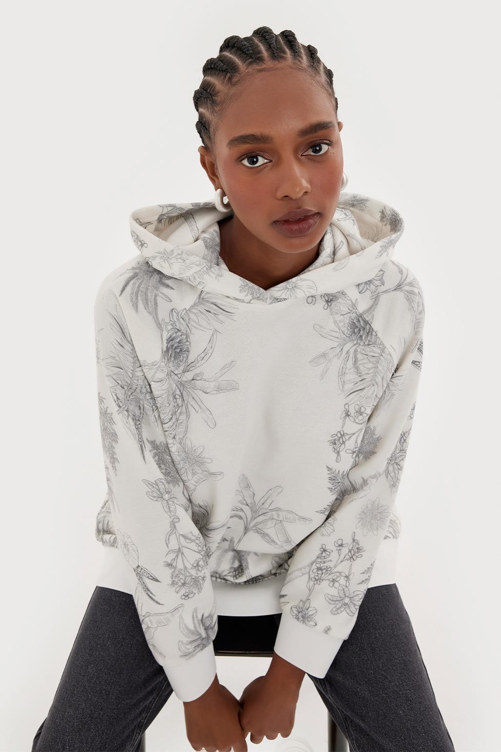 Kapüşonlu Desenli Hoodie Sweatshırt Gri