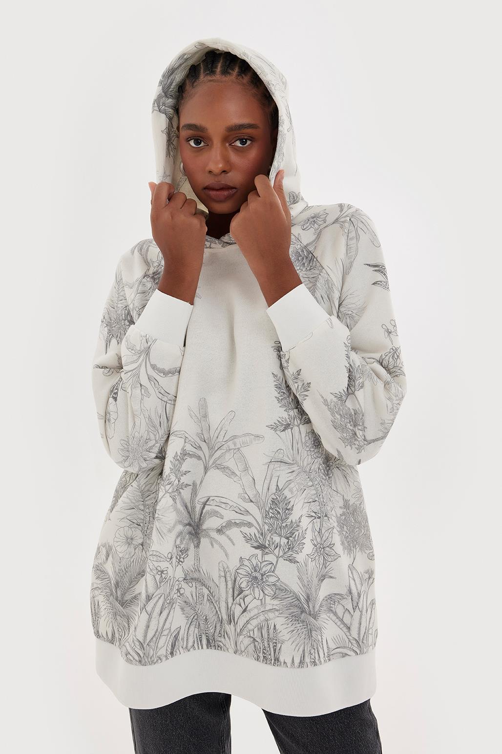 Kapüşonlu Desenli Hoodie Sweatshırt Gri