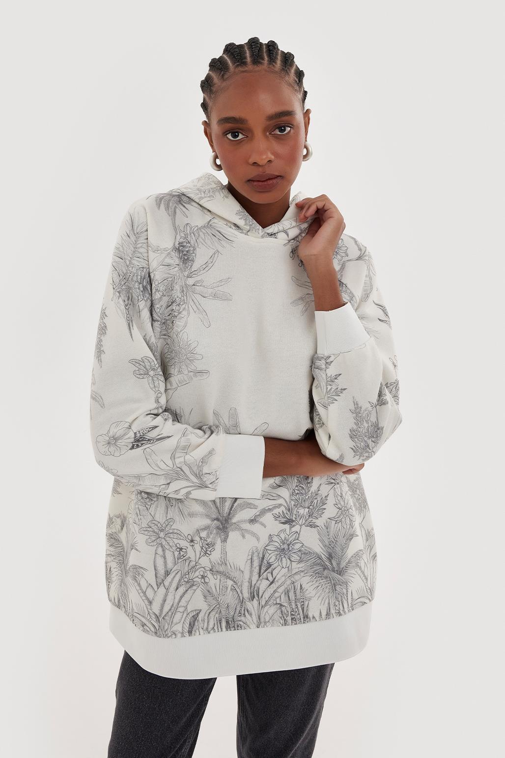Kapüşonlu Desenli Hoodie Sweatshırt Gri
