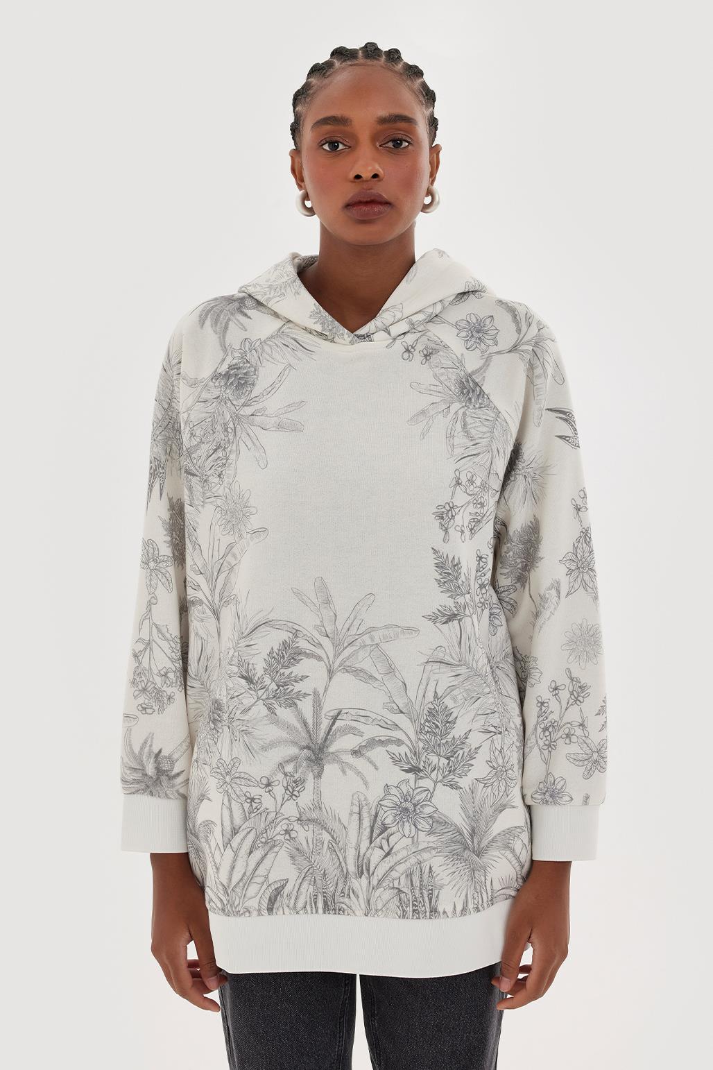Kapüşonlu Desenli Hoodie Sweatshırt Gri