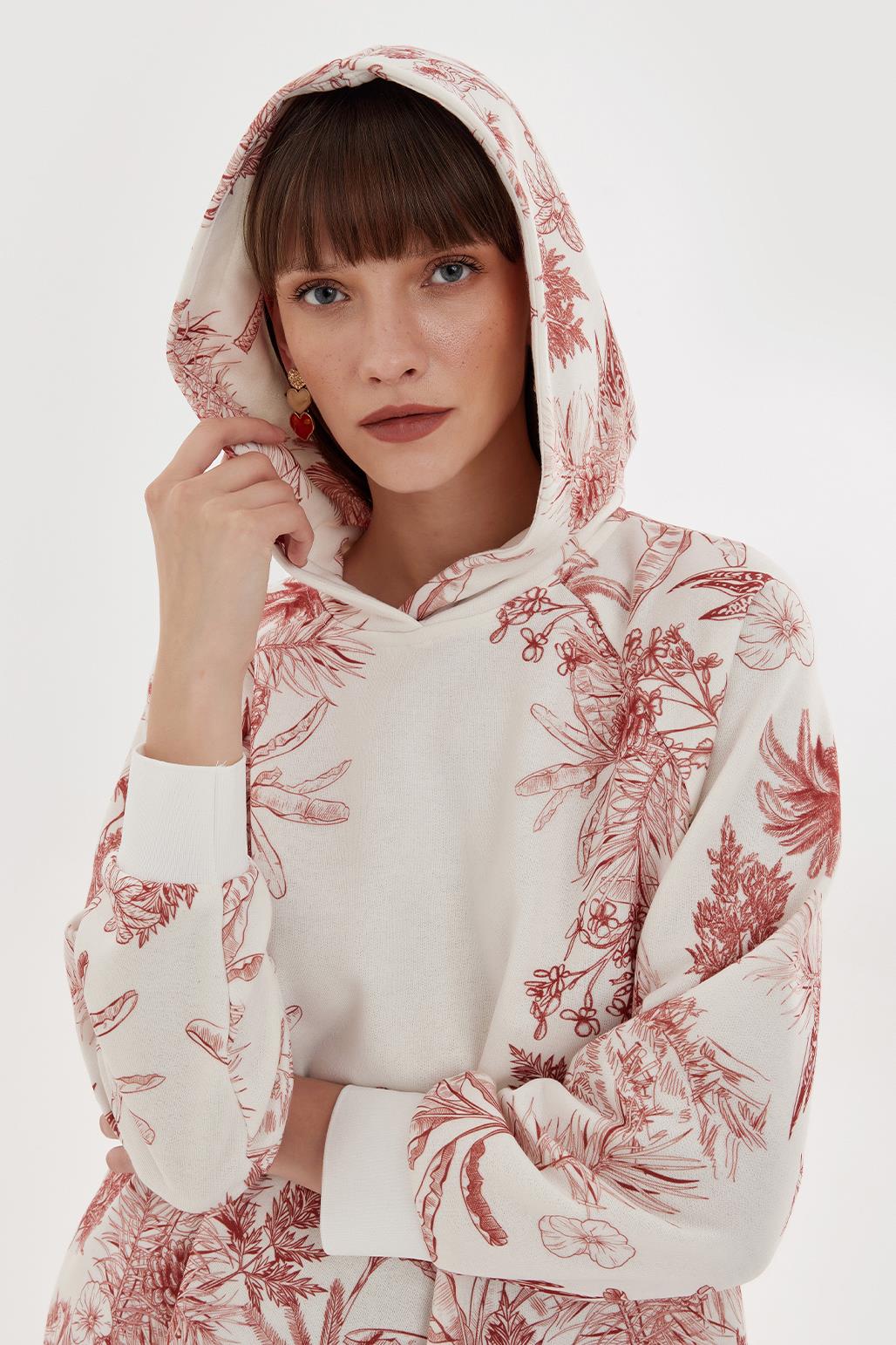 Kapüşonlu Desenli Hoodie Sweatshırt Kırmızı