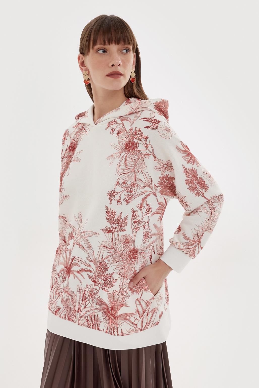 Kapüşonlu Desenli Hoodie Sweatshırt Kırmızı