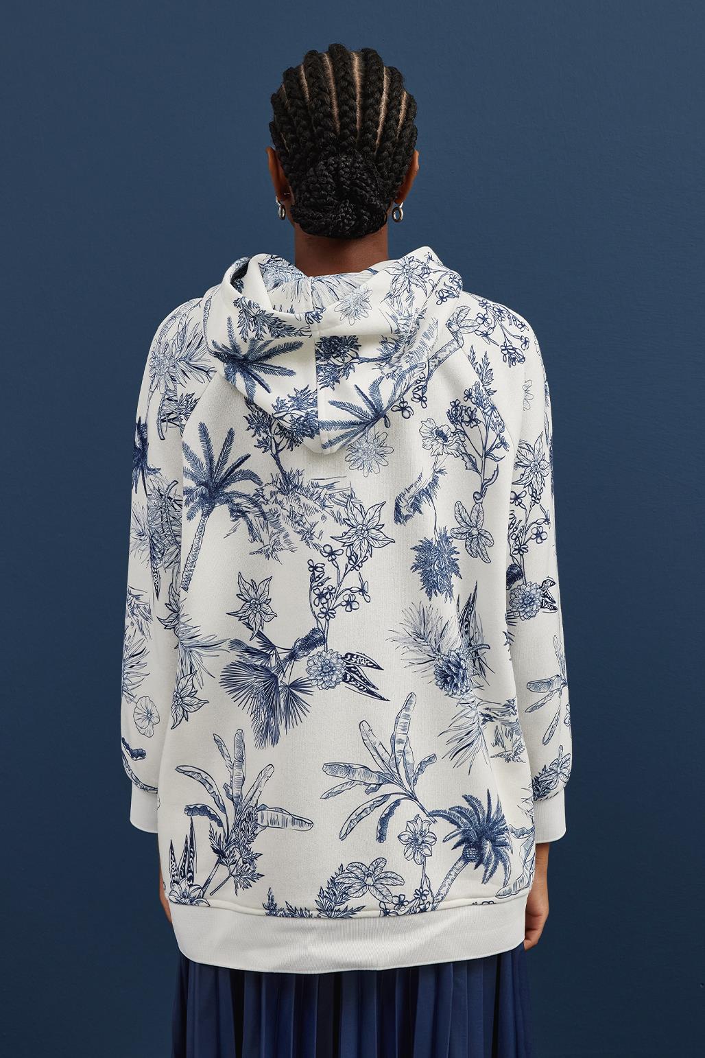Kapüşonlu Desenli Hoodie Sweatshırt Mavi