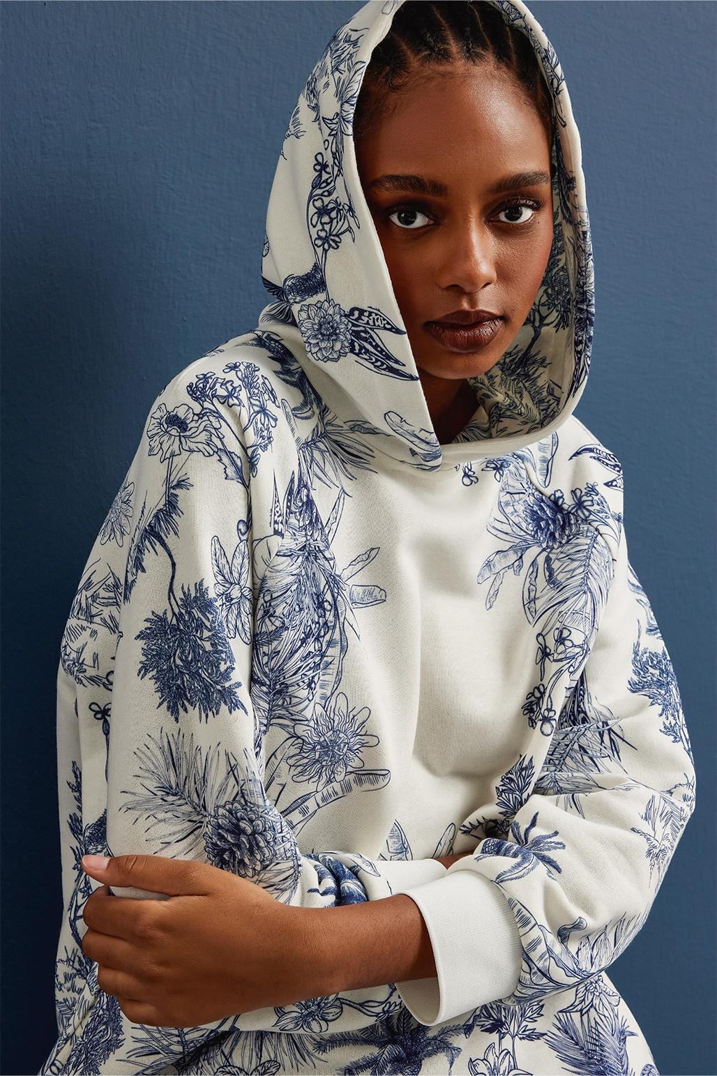 Kapüşonlu Desenli Hoodie Sweatshırt Mavi
