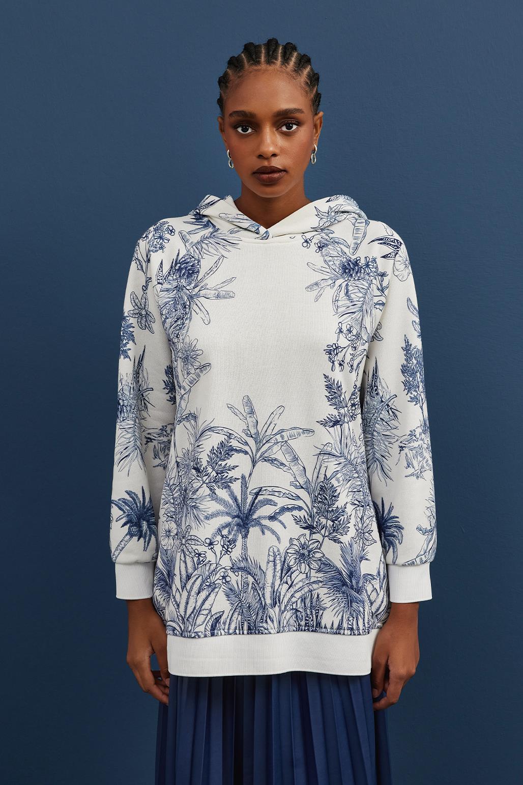 Kapüşonlu Desenli Hoodie Sweatshırt Mavi