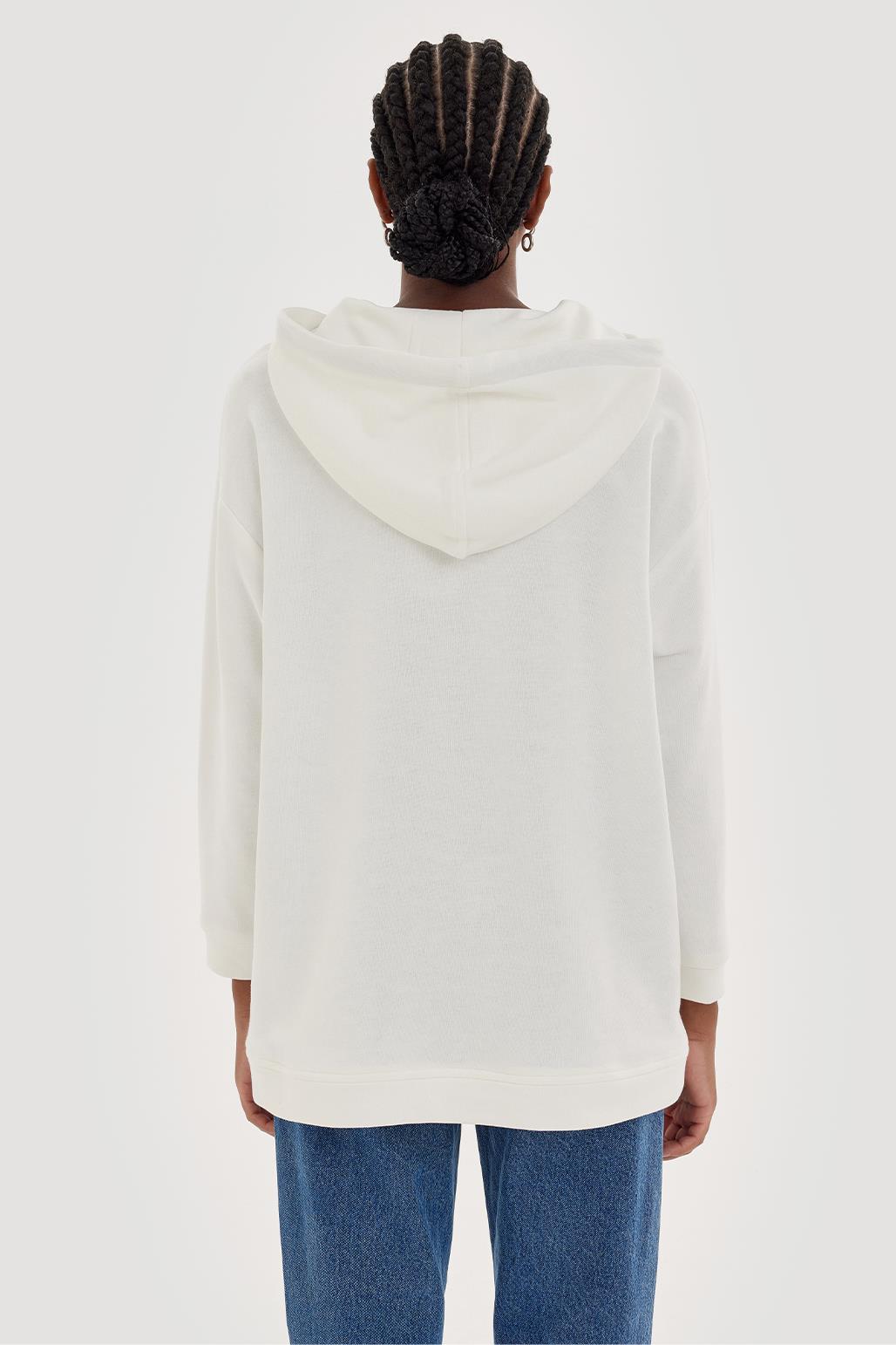 Kapüşonlu Nakışlı Sweatshırt Ekru