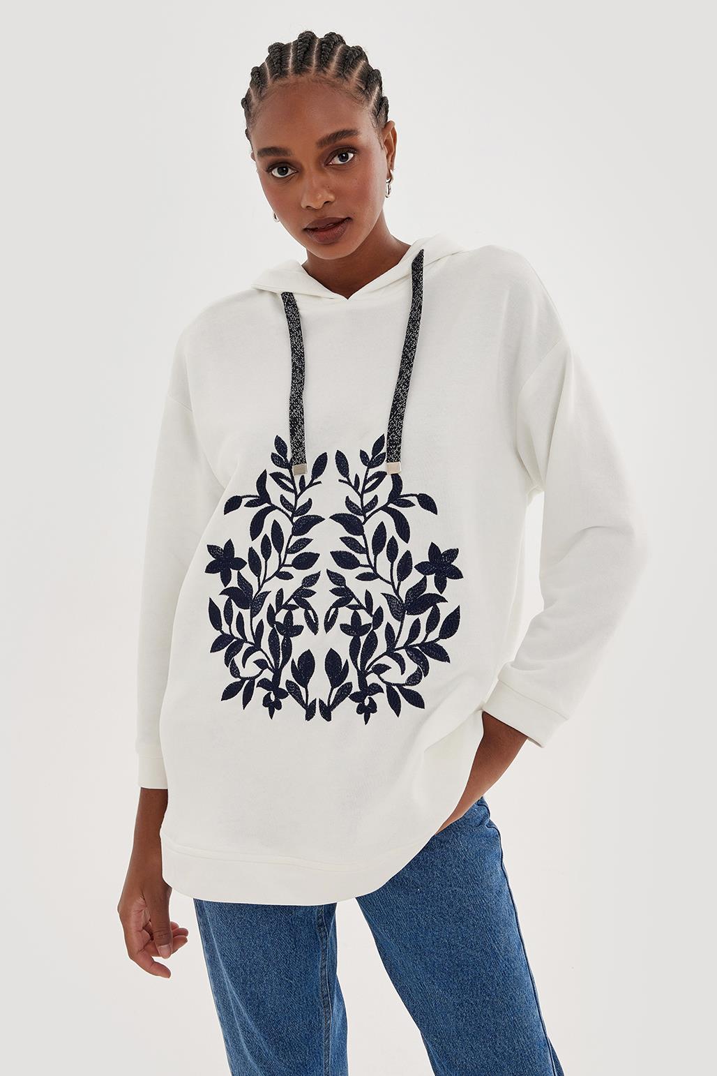 Kapüşonlu Nakışlı Sweatshırt Ekru