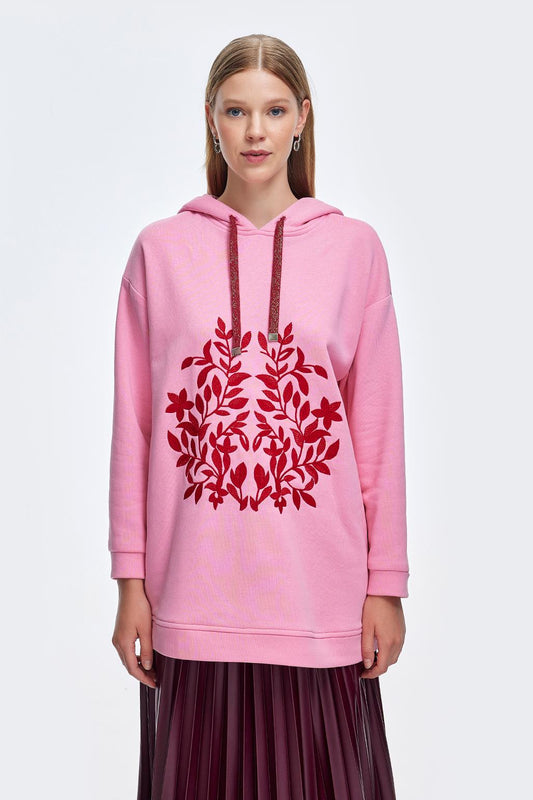 Kapüşonlu Nakışlı Sweatshirt Pembe