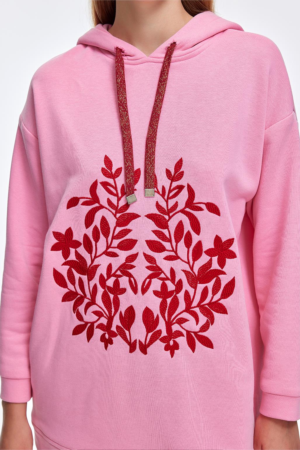 Kapüşonlu Nakışlı Sweatshirt Pembe