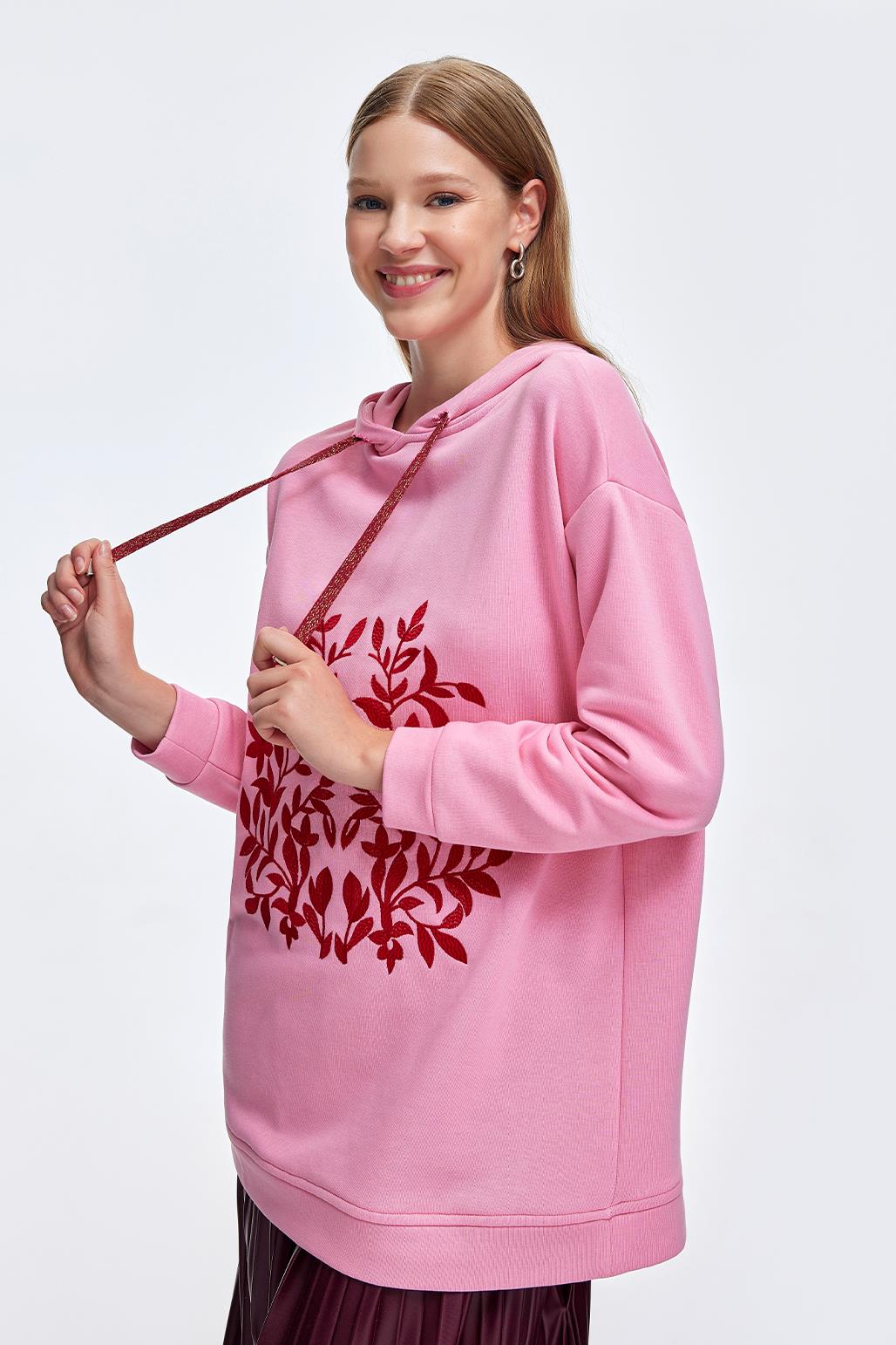 Kapüşonlu Nakışlı Sweatshırt Pembe
