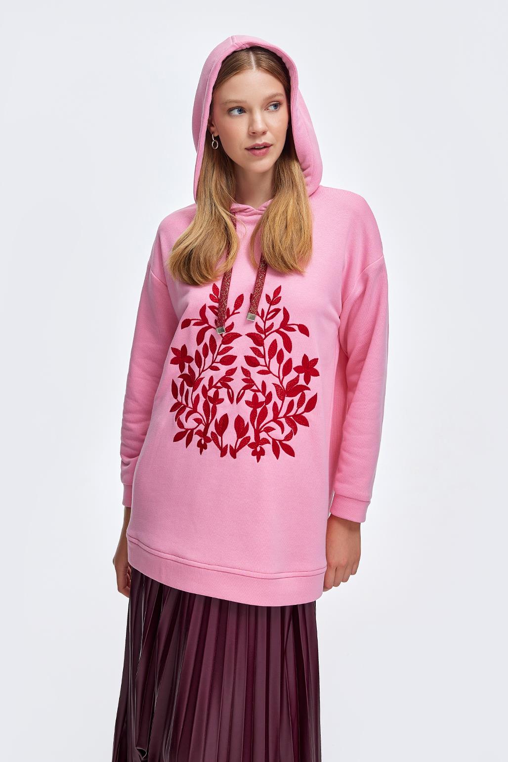Kapüşonlu Nakışlı Sweatshırt Pembe