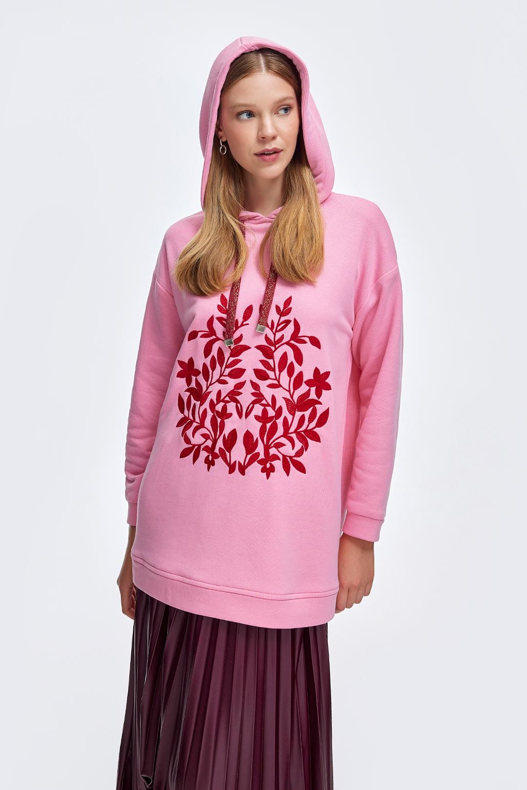 Kapüşonlu Nakışlı Sweatshirt Pembe