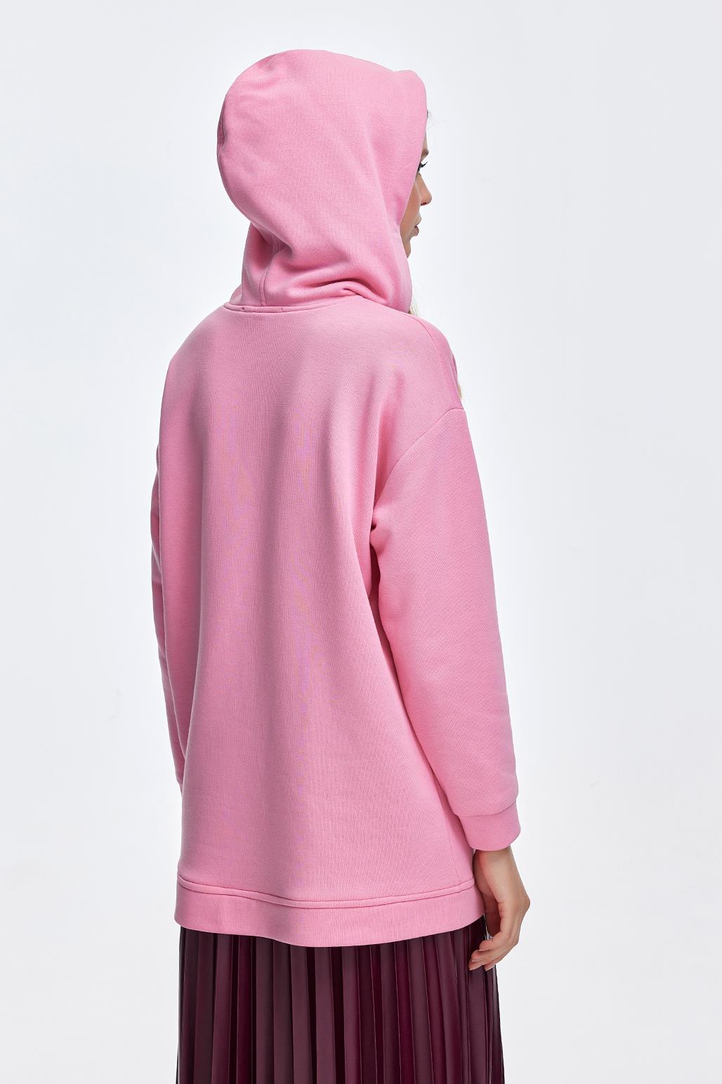 Kapüşonlu Nakışlı Sweatshirt Pembe