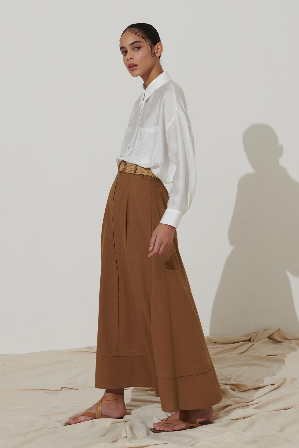 Keten Kemerli Allerli Kloş Etek Camel
