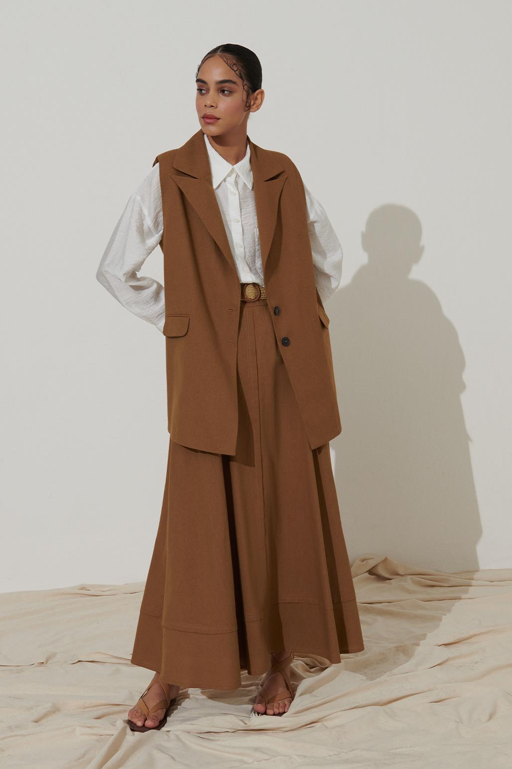Keten Kemerli Allerli Kloş Etek Camel