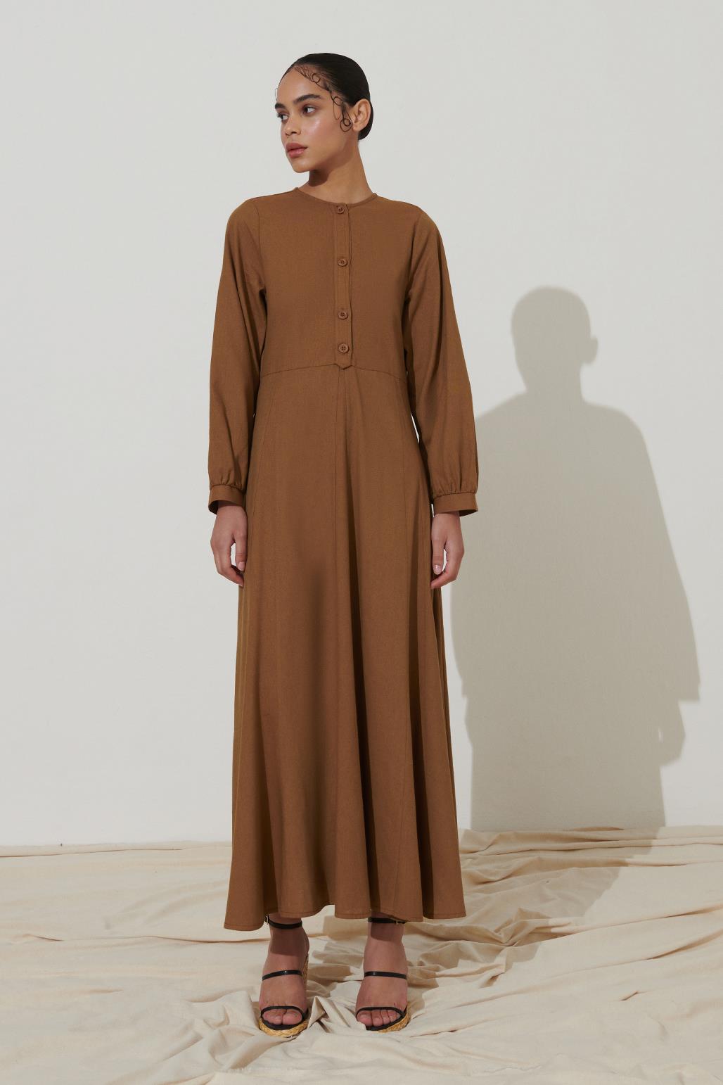 Keten Kloş Elbise Camel