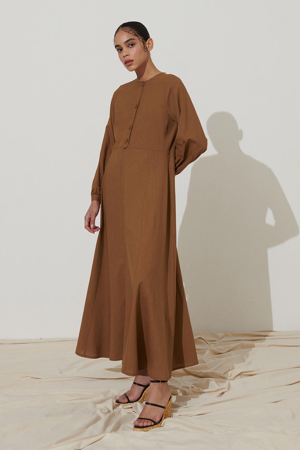 Keten Kloş Elbise Camel