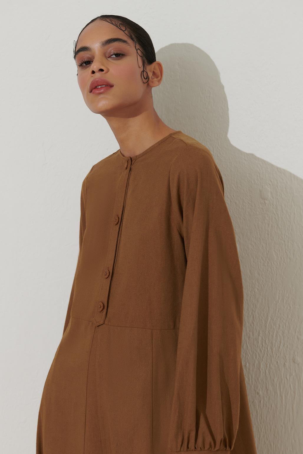 Keten Kloş Elbise Camel