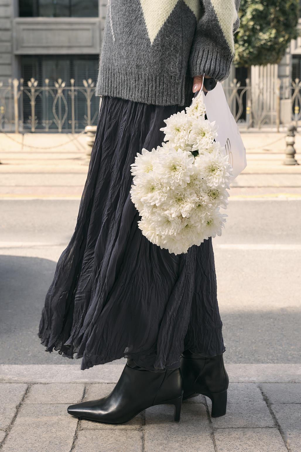 Kırışık Görünümlü Uzun Kloş Etek Antrasit