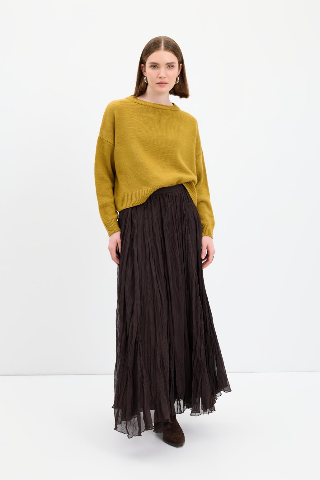 Kırışık Görünümlü Uzun Kloş Etek Kahve