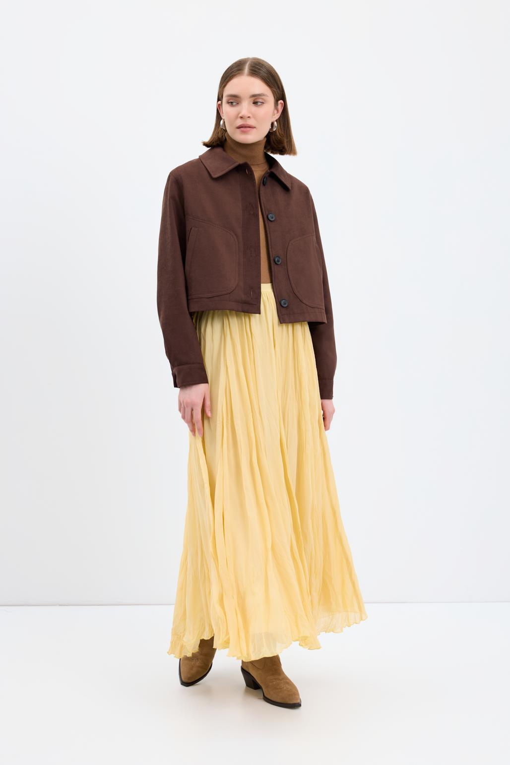 Kırışık Görünümlü Uzun Kloş Etek Sarı