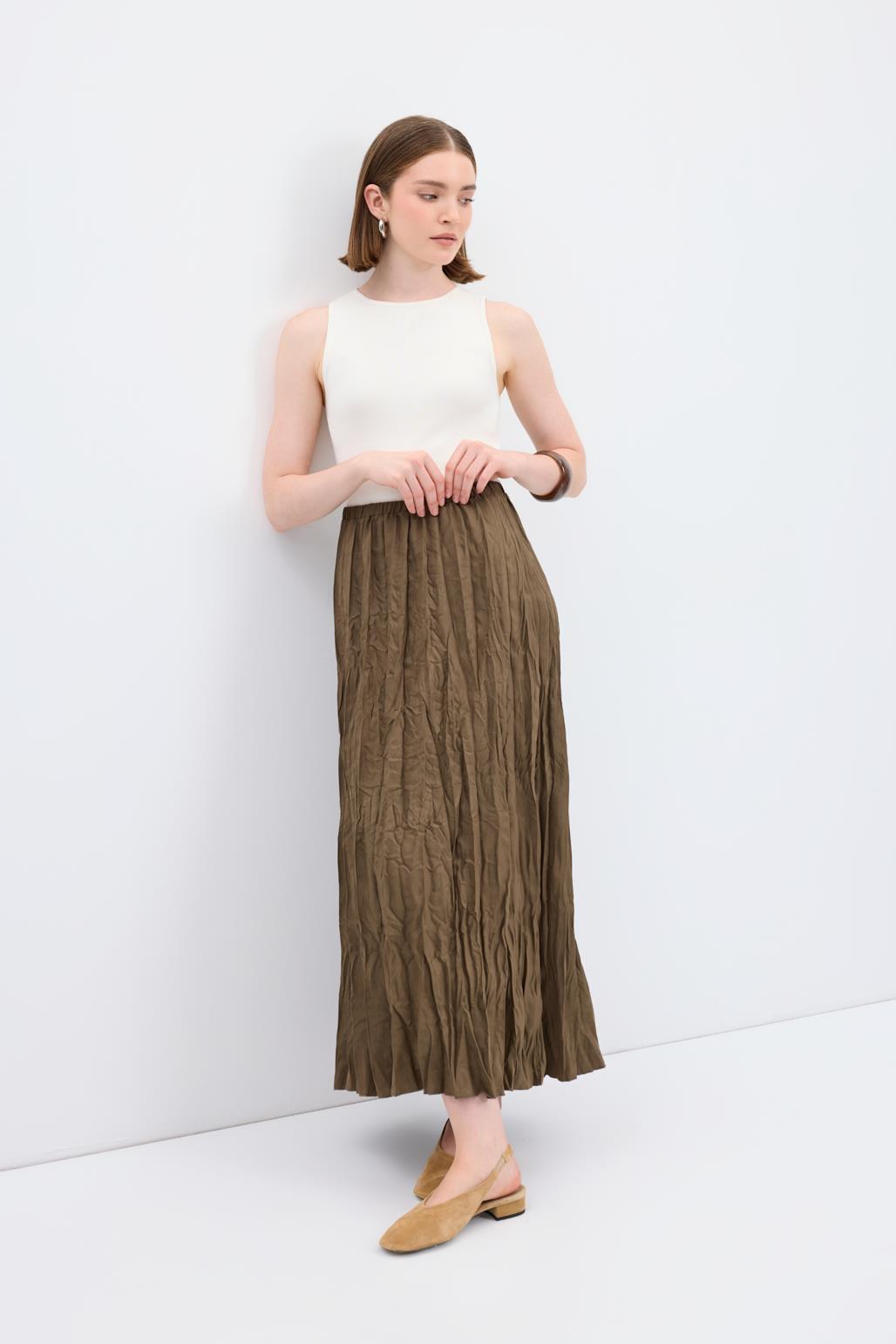 Kırışık Görünümlü Uzun Süet Etek Haki