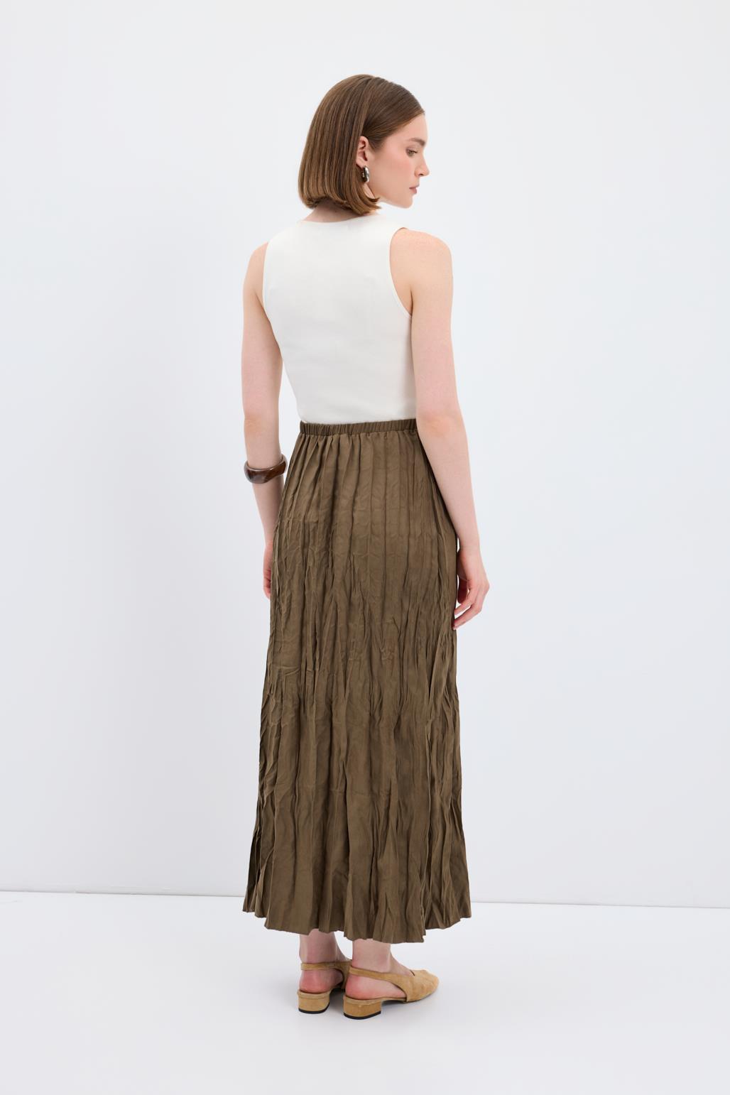 Kırışık Görünümlü Uzun Süet Etek Haki