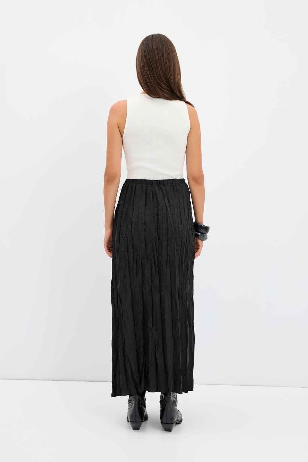 Kırışık Görünümlü Uzun Süet Etek Siyah