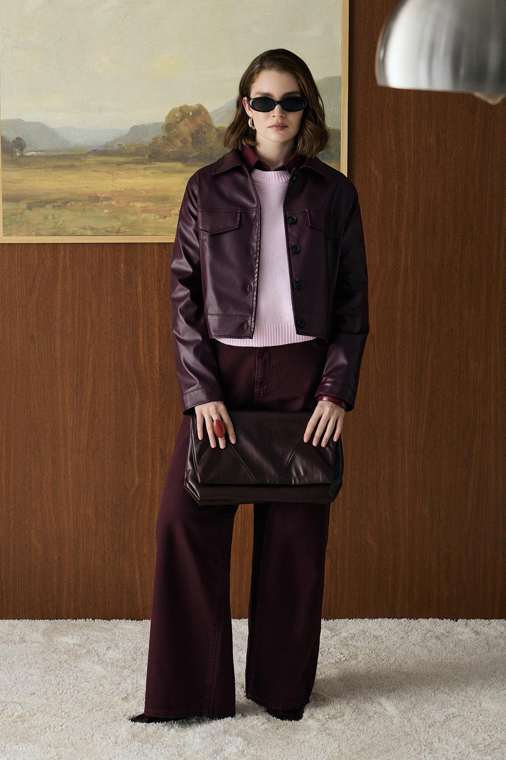 Kısa Suni Deri Ceket Bordo