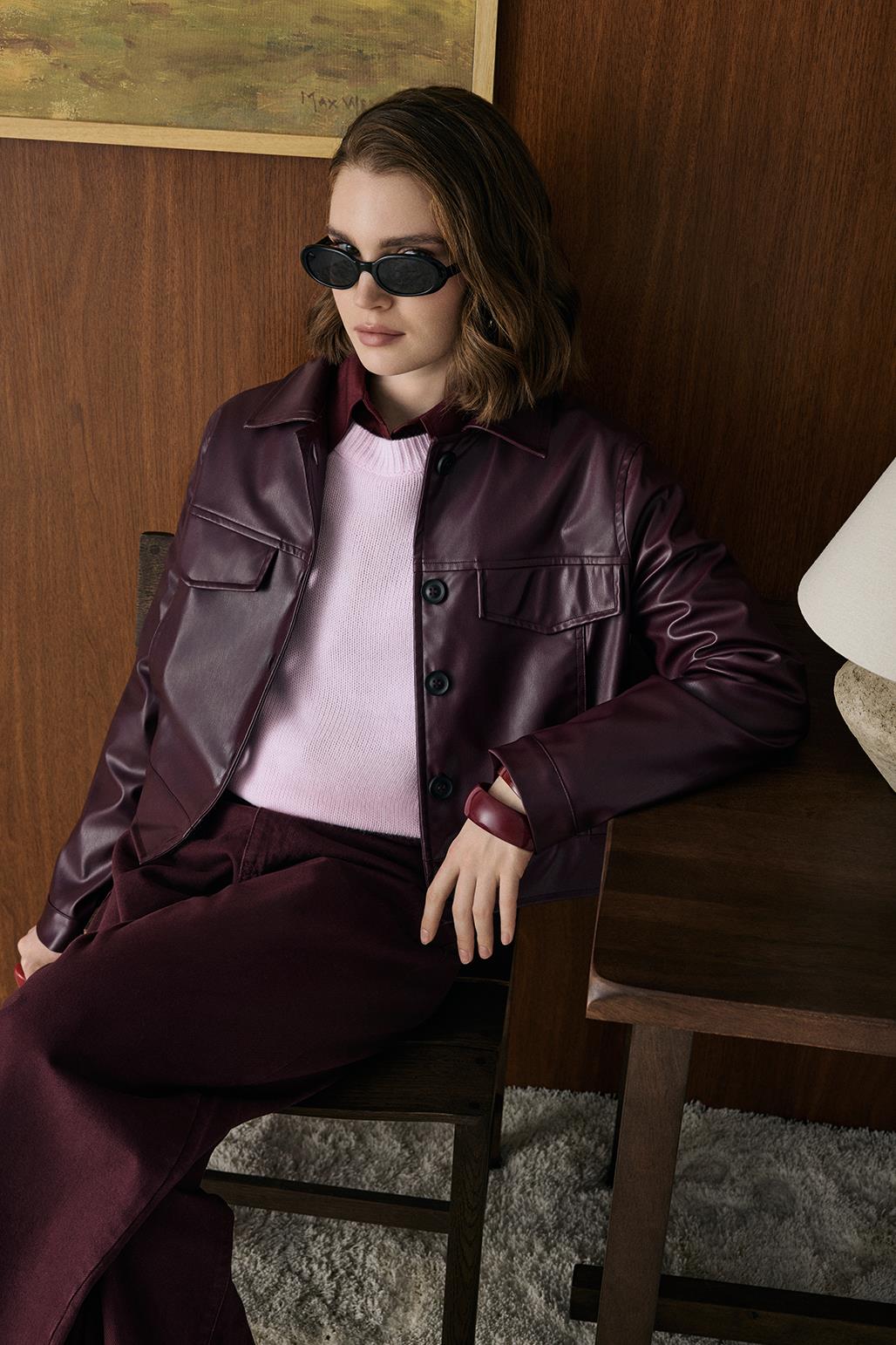 Kısa Suni Deri Ceket Bordo