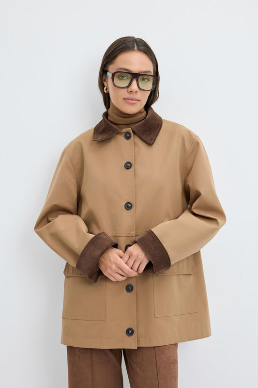 Kontrast Yakalı Cepli Gabardin Ceket Camel