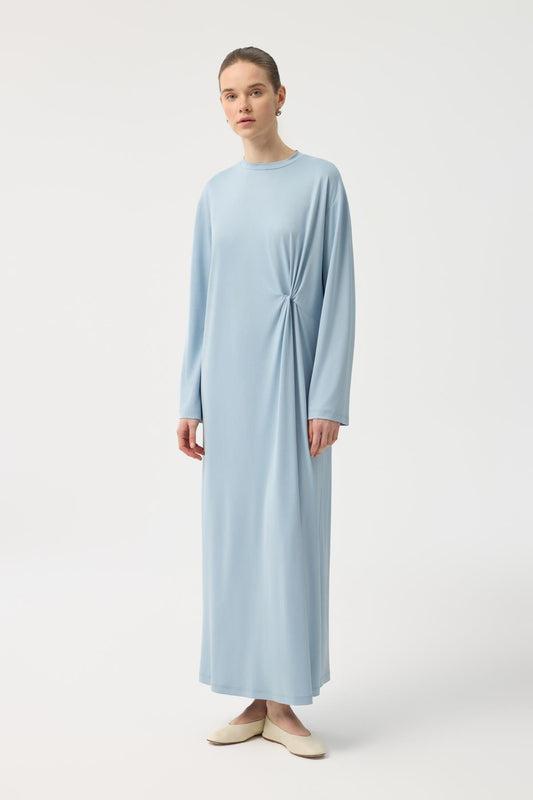 Modal Cupra Asimetrik Düğüm Detaylı Elbise Açık  Mavi