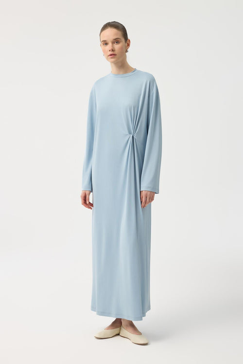 Modal Cupra Asimetrik Düğüm Detaylı Elbise Açık  Mavi