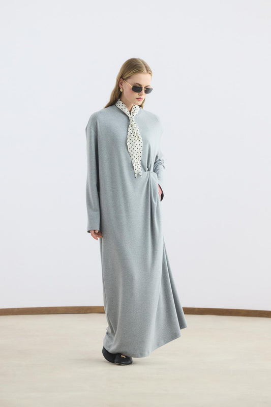 Modal Cupra Asimetrik Düğüm Detaylı Elbise Gri Melanj