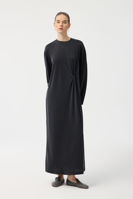 Modal Cupra Asimetrik Düğüm Detaylı Elbise Siyah