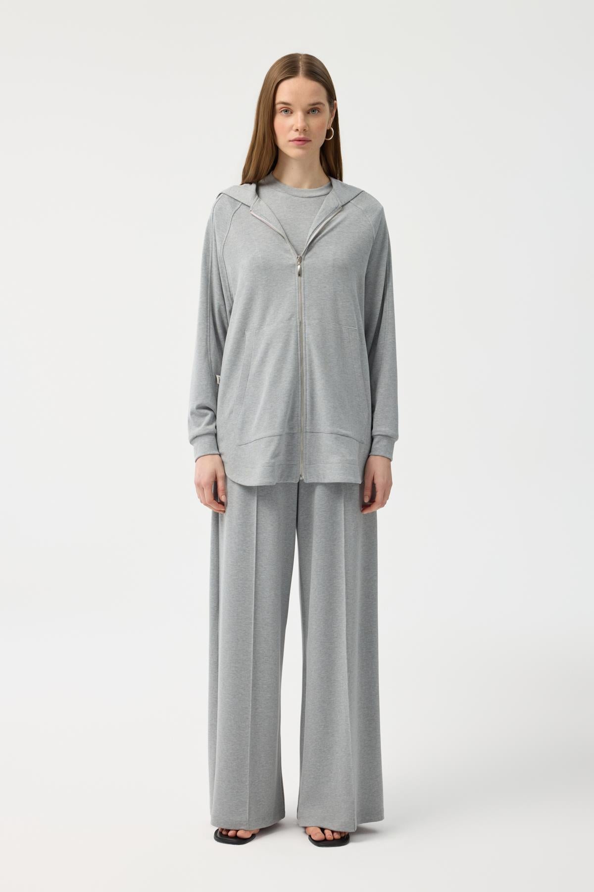 Modal Cupra Fermuarlı Hırka Takım Gri Melanj