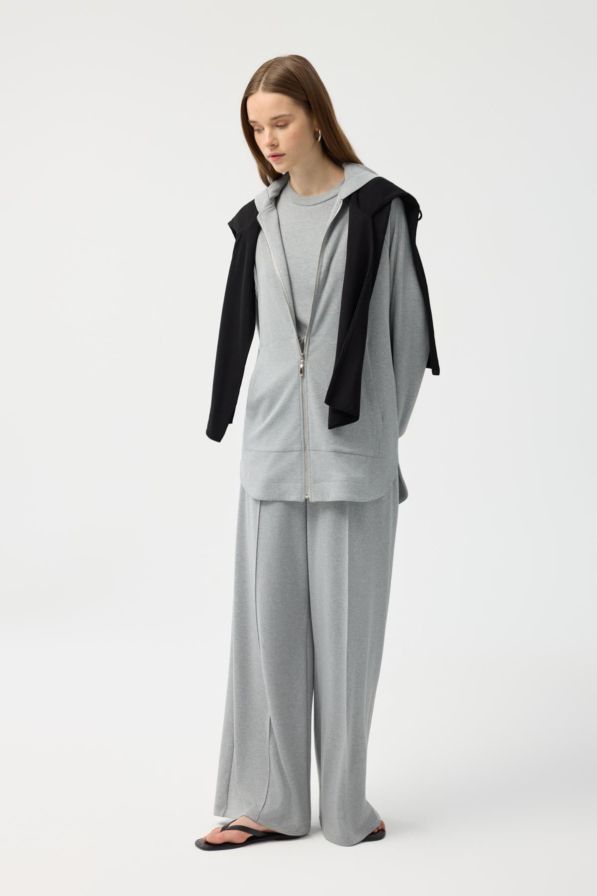 Modal Cupra Fermuarlı Hırka Takım Gri Melanj