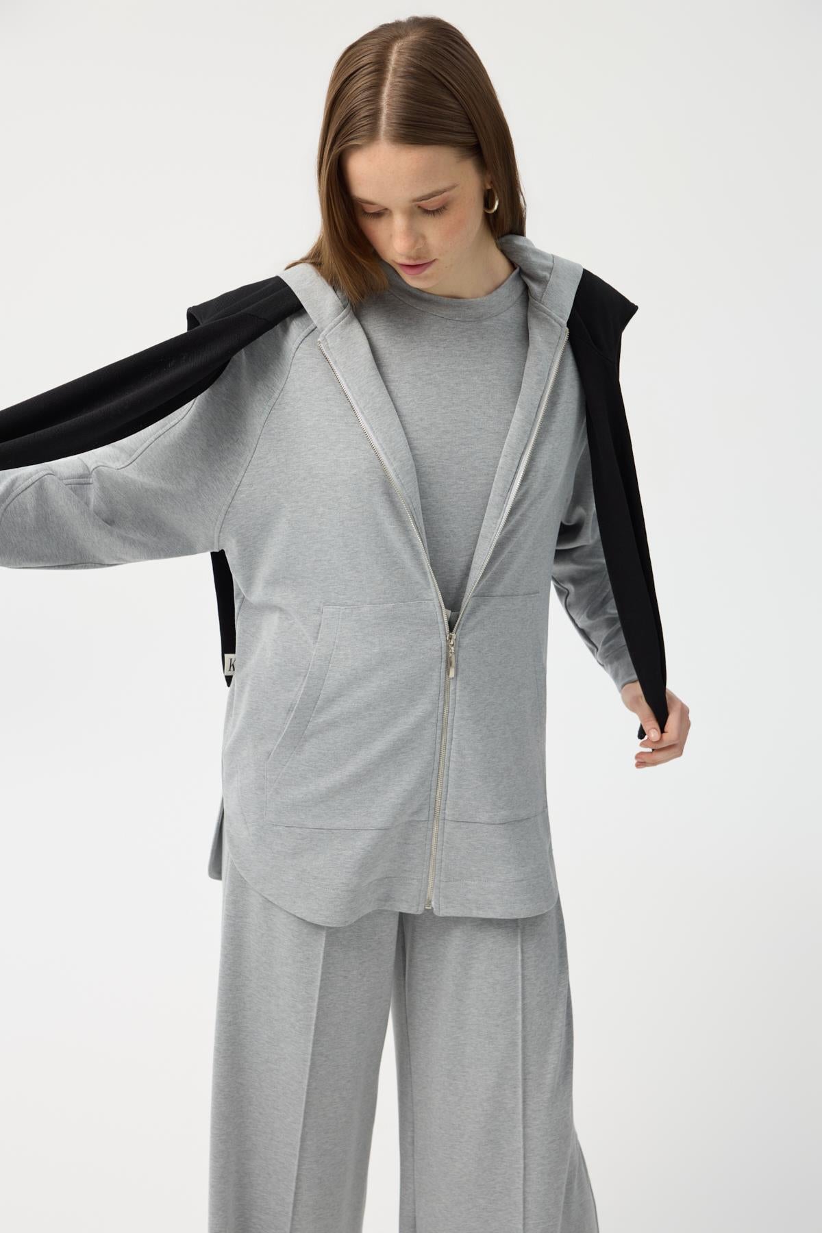 Modal Cupra Fermuarlı Hırka Takım Gri Melanj