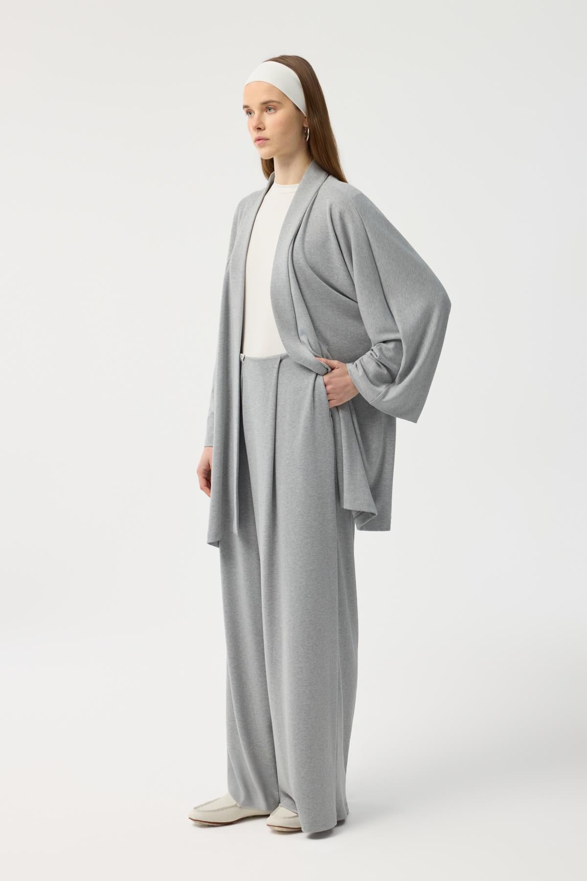 Modal Cupra Geniş Pileli Pantolon Midi Abaya Takım Gri Melanj